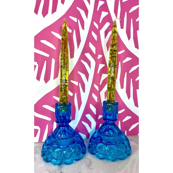 Vintage Green Lucite Candle Sticks w/ Gold Flecks - Picture 1 of 7